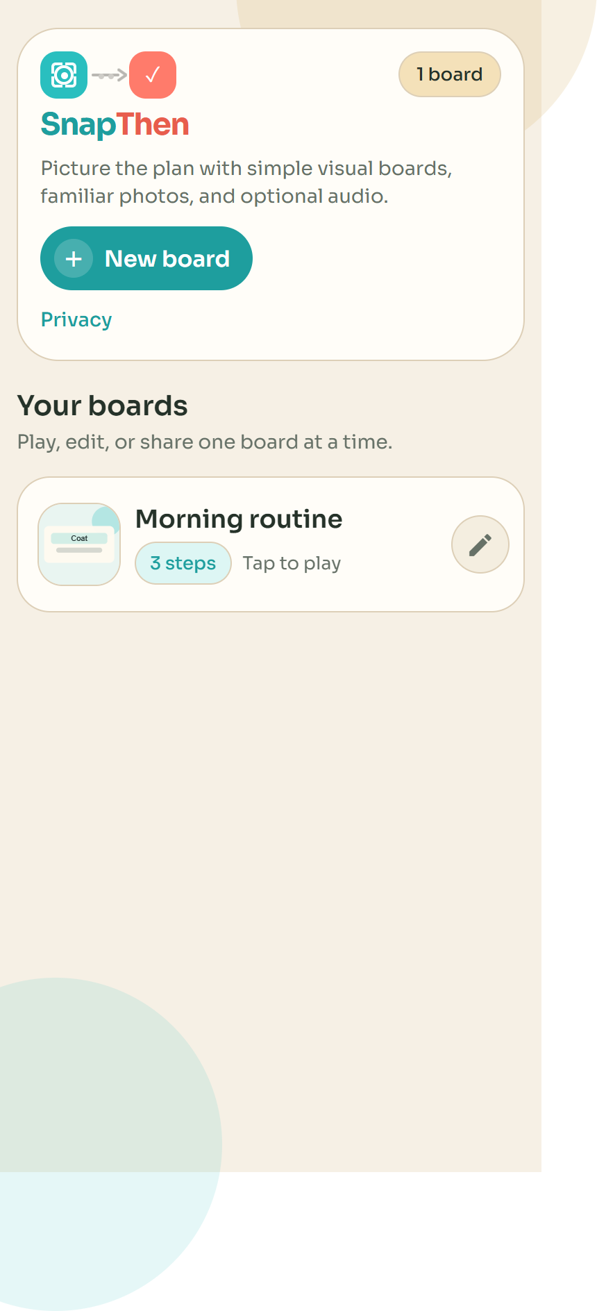 SnapThen home screen showing a sample morning routine board