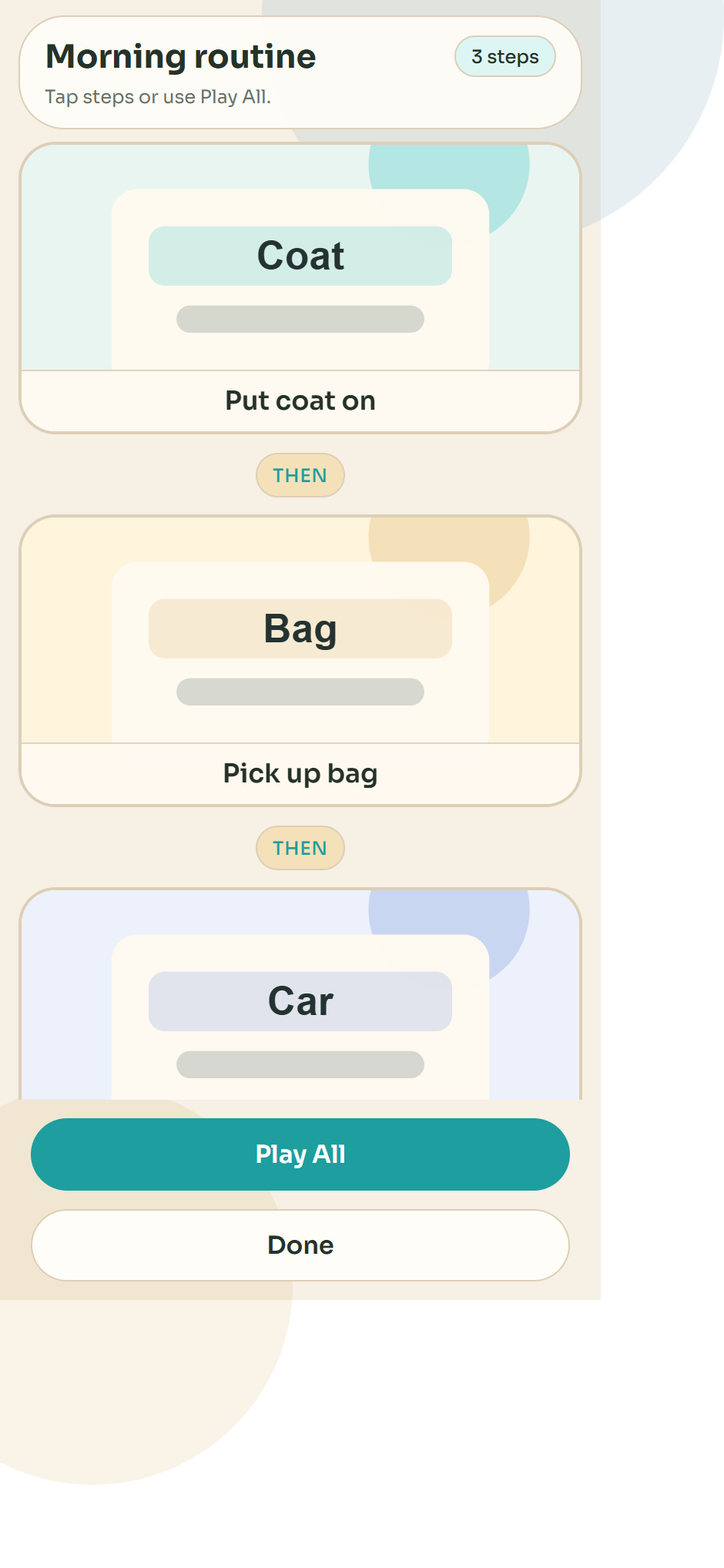 SnapThen playback screen showing a visual step sequence