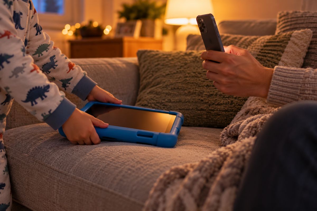 Illustrative image: a child's hands putting a tablet down on the sofa while a parent holds up a phone.