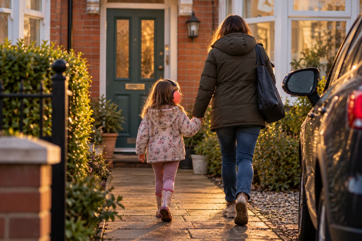 Illustrative image: a parent and a young child in ear defenders walk hand in hand from the car to their front door.